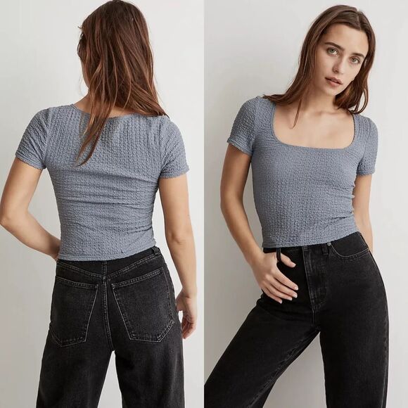 Madewell Shirt Size Large Popcorn Top Teapot Blue Short‎ Sleeve - Picture 1 of 9